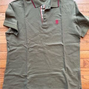 Burberry Olive Green Polo with Red Logo and Trim